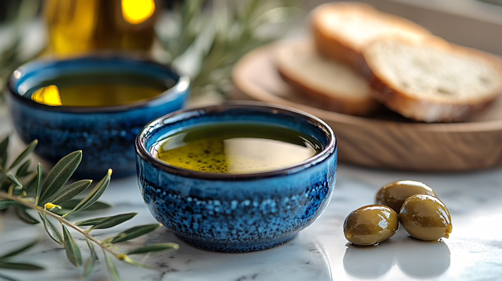 Degustazione olio extravergine: ciotoline blu con olio dorato, pane fresco e rametto di ulivo su superficie in marmo
