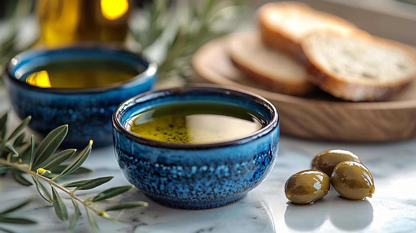 Degustazione olio extravergine: ciotoline blu con olio dorato, pane fresco e rametto di ulivo su superficie in marmo