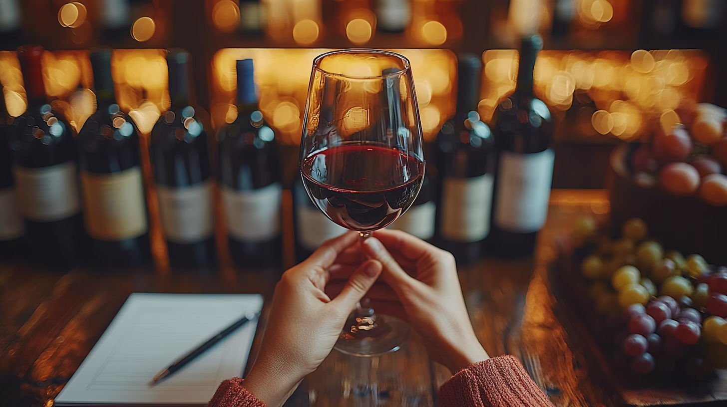 Corso degustazione vino: due mani che tengono un calice di vino rosso controluce per esaminarne il colore, con bottiglie e uva sullo sfondo