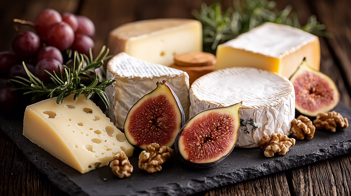 Tagliere di formaggi italiani artigianali con fichi freschi miele e noci su ardesia per degustazione gourmet