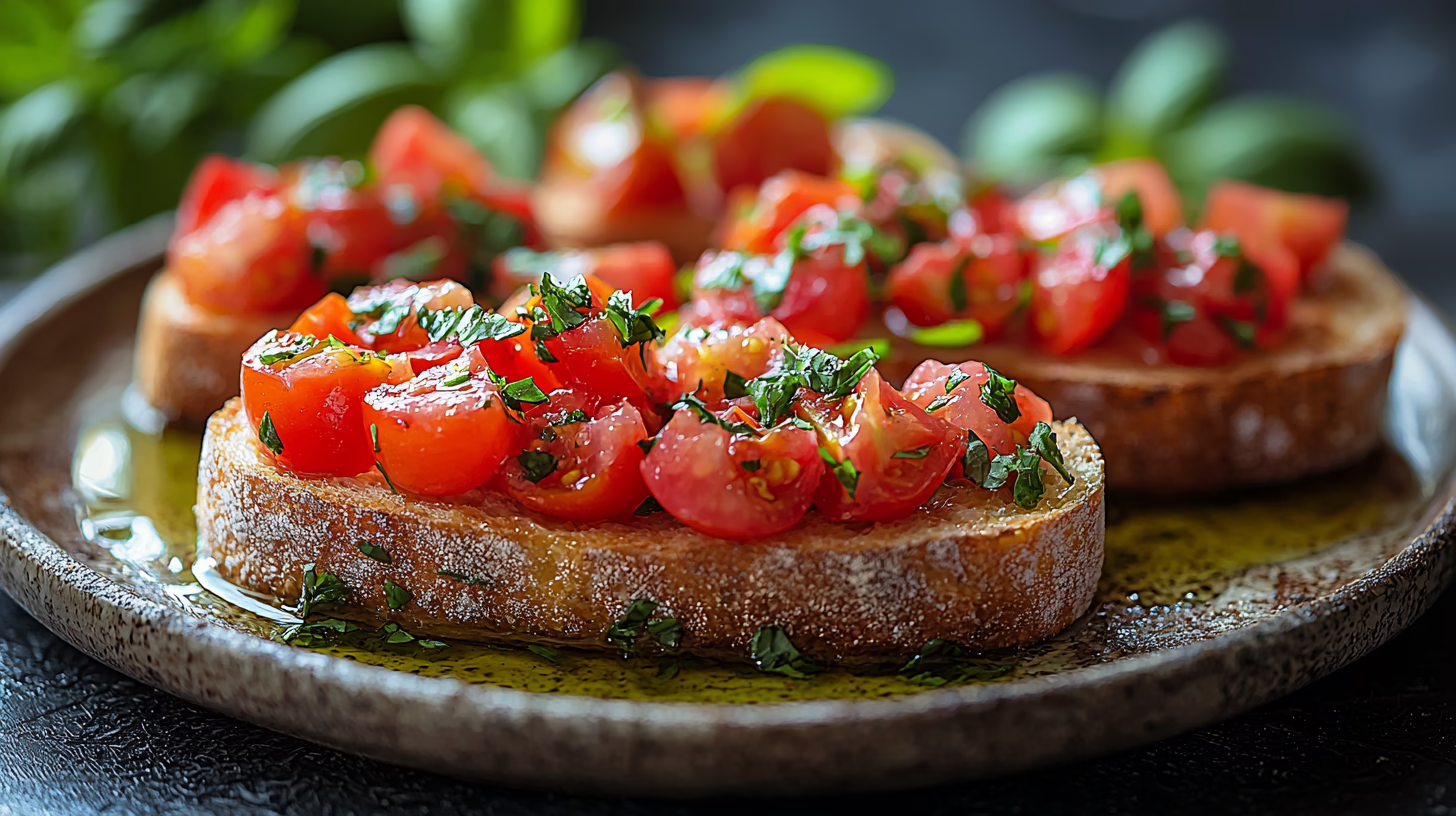 Abbinamento olio e cibo: bruschette con pomodorini freschi, erbe aromatiche e olio extravergine verde brillante