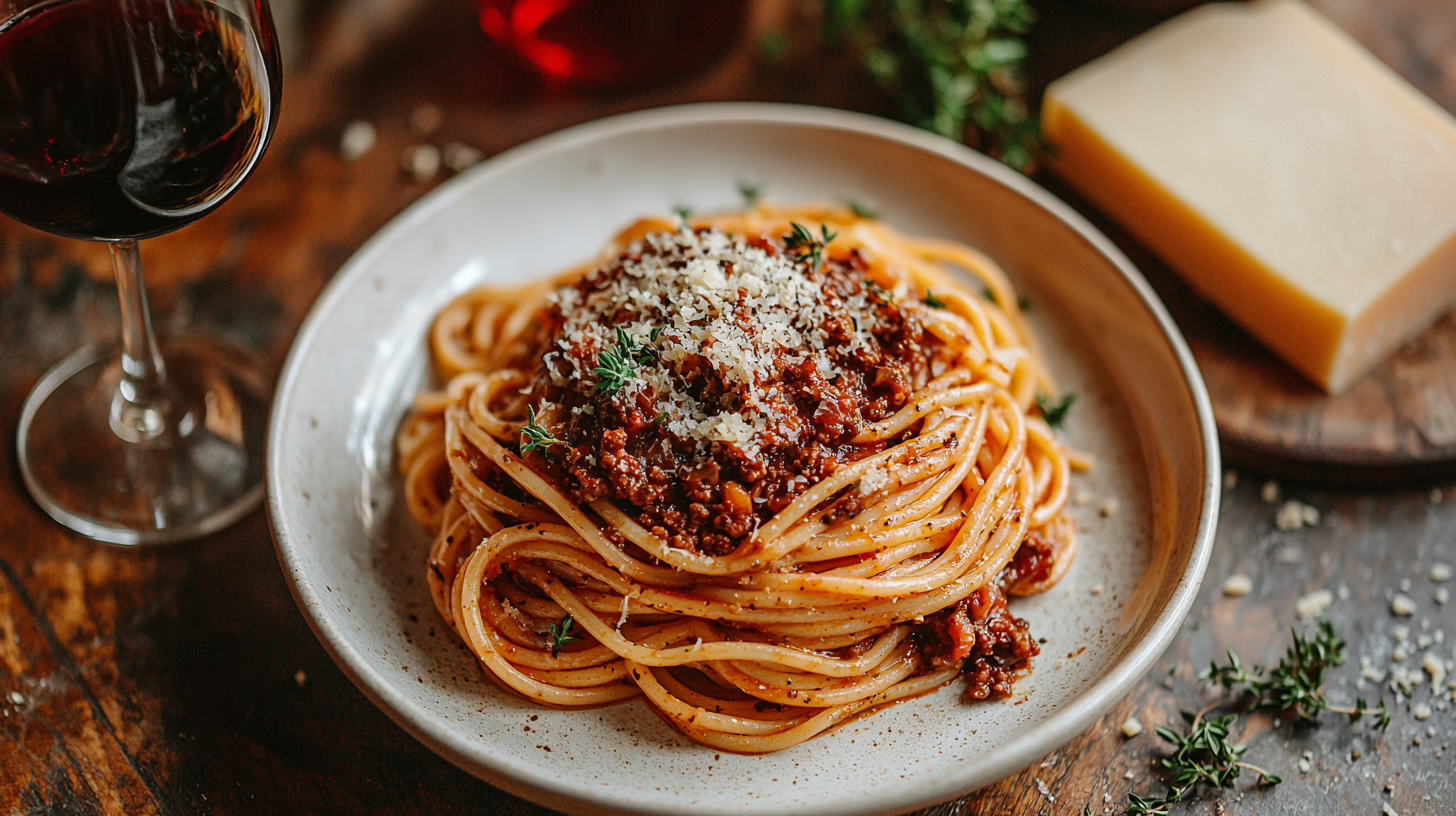 Pici fatti a mano con ragu di chianina e parmigiano grattugiato accanto a un calice di vino rosso Chianti su tavolo rustico toscano