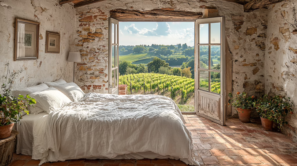 Camera di agriturismo con letto in lino bianco, travi a vista e grande vetrata panoramica con vista sui filari di vigne