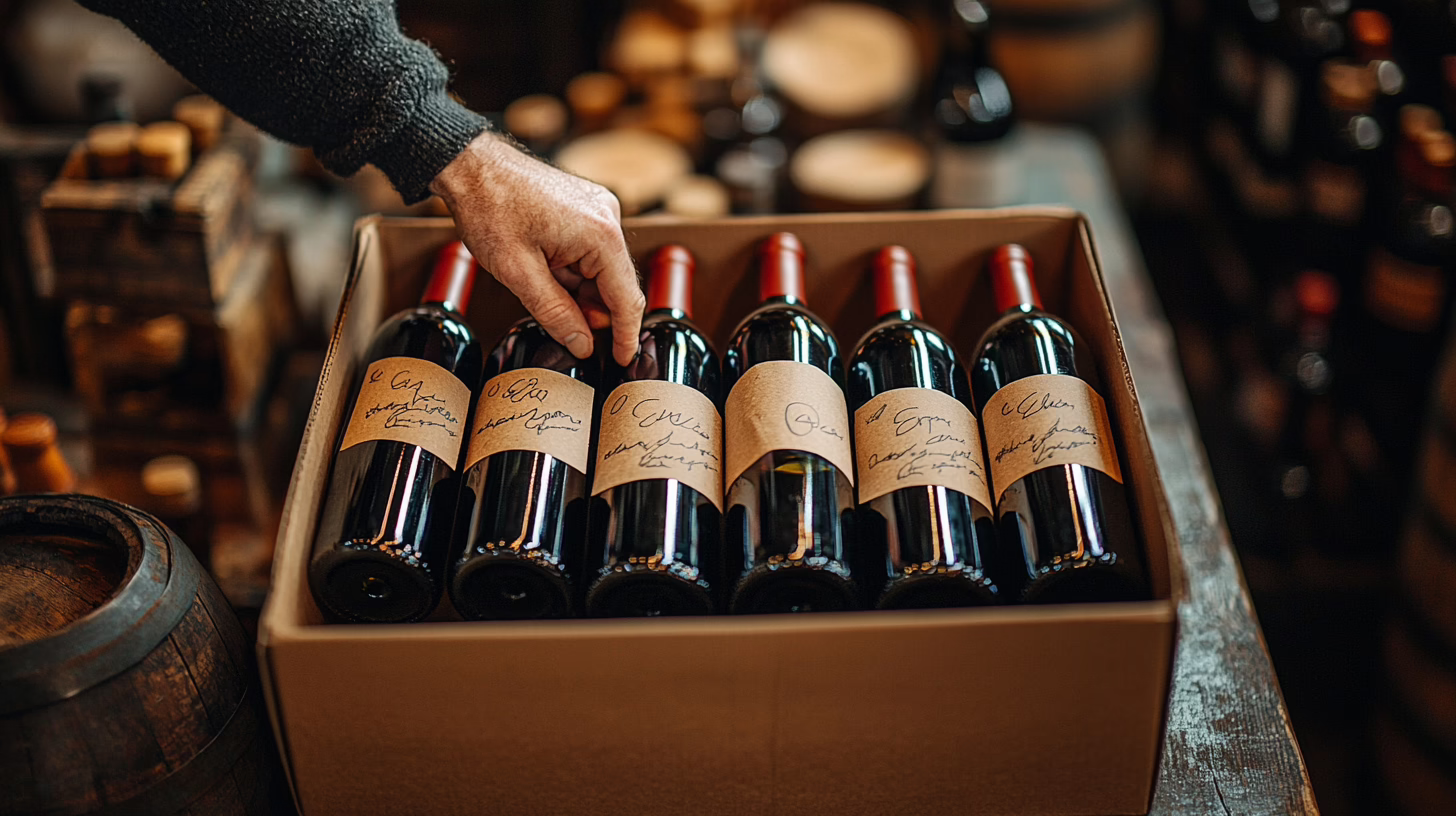 Spedire vino online: mani che preparano una scatola di bottiglie di vino con imballaggio protettivo su tavolo rustico di cantina