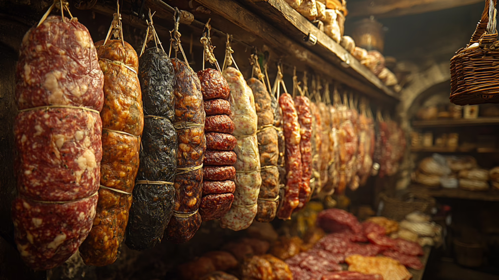 Vendere salumi online: salumi italiani appesi in stagionatura nella cantina tradizionale del norcino con atmosfera rustica