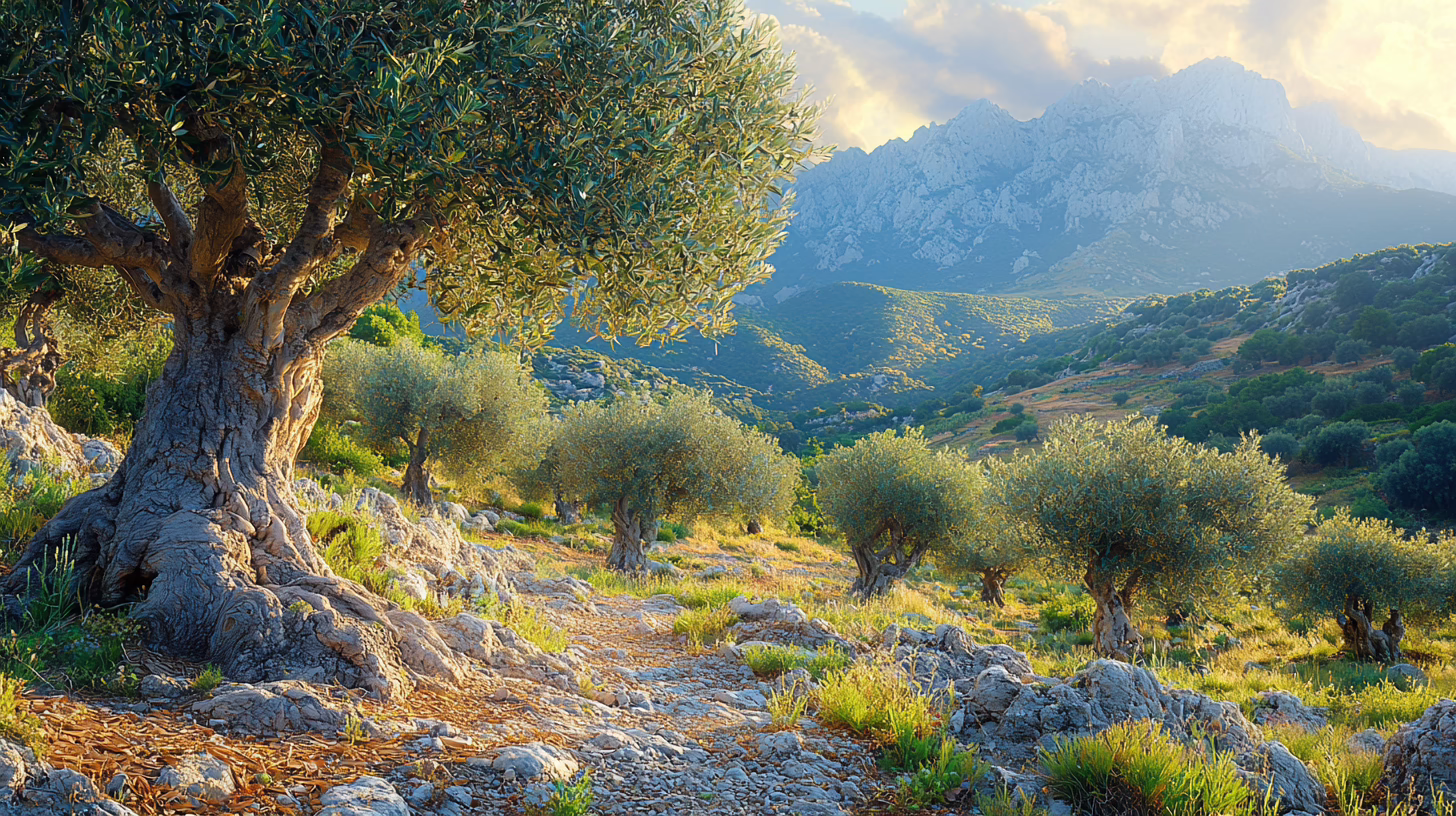 Uliveto secolare siciliano: ulivo antico su collina rocciosa dei monti Sicani con montagne e nuvole sullo sfondo