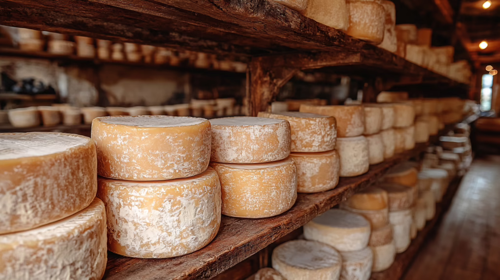 Vendere formaggi online: caseificio italiano con forme di formaggio in stagionatura su scaffali di legno atmosfera tradizionale