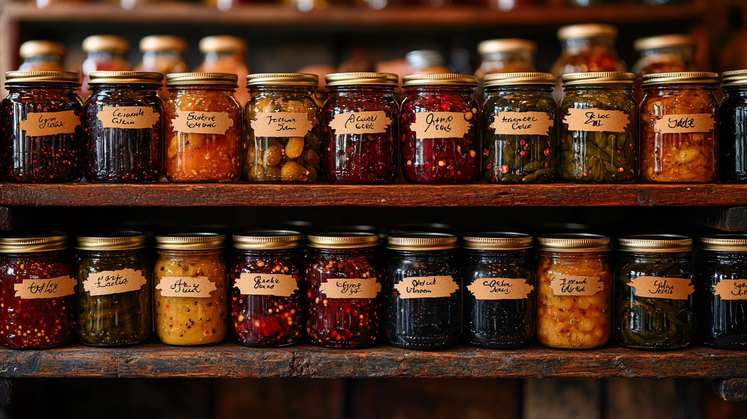 Vasi di conserve, marmellate e sottoli artigianali italiani con etichette scritte a mano su mensola di legno