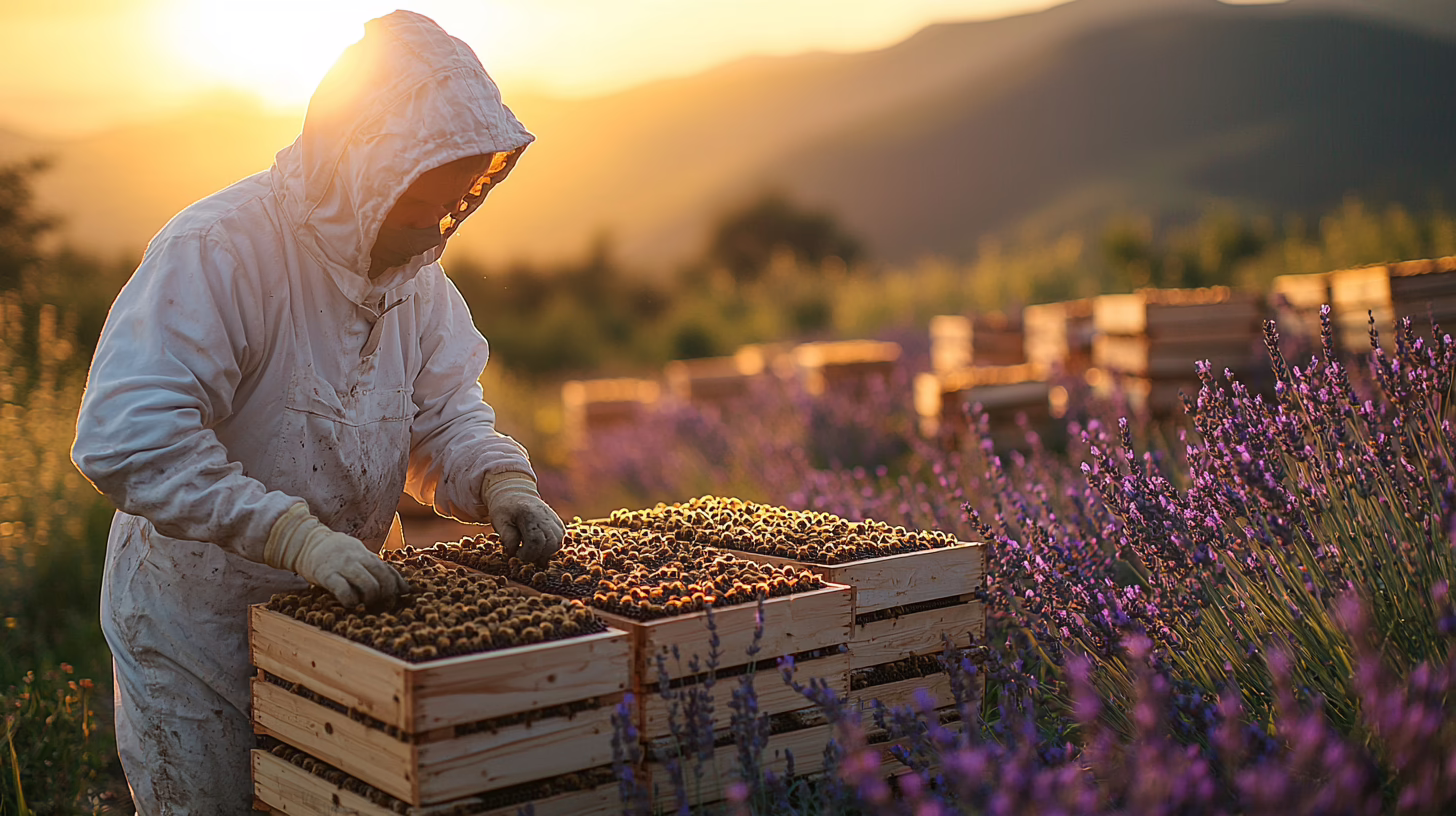Apicoltore con tuta bianca al lavoro con le arnie in campagna italiana con lavanda e fiori selvatici al tramonto