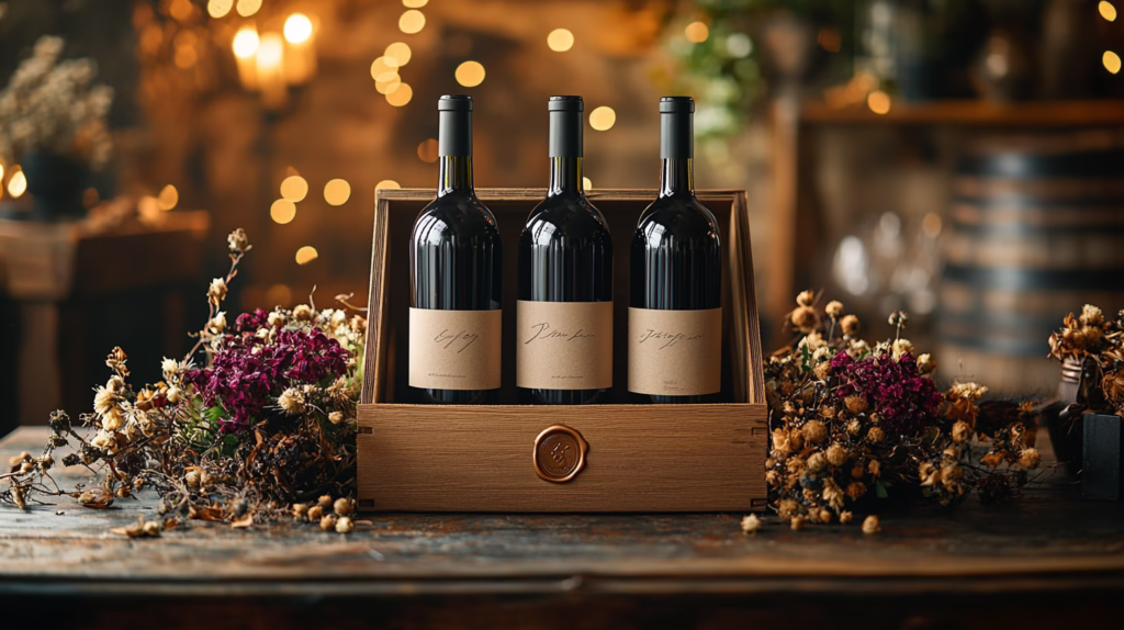 Wine club: cassetta in legno con bottiglie di vino premium, fiori secchi e luci bokeh, esperienza unboxing esclusiva