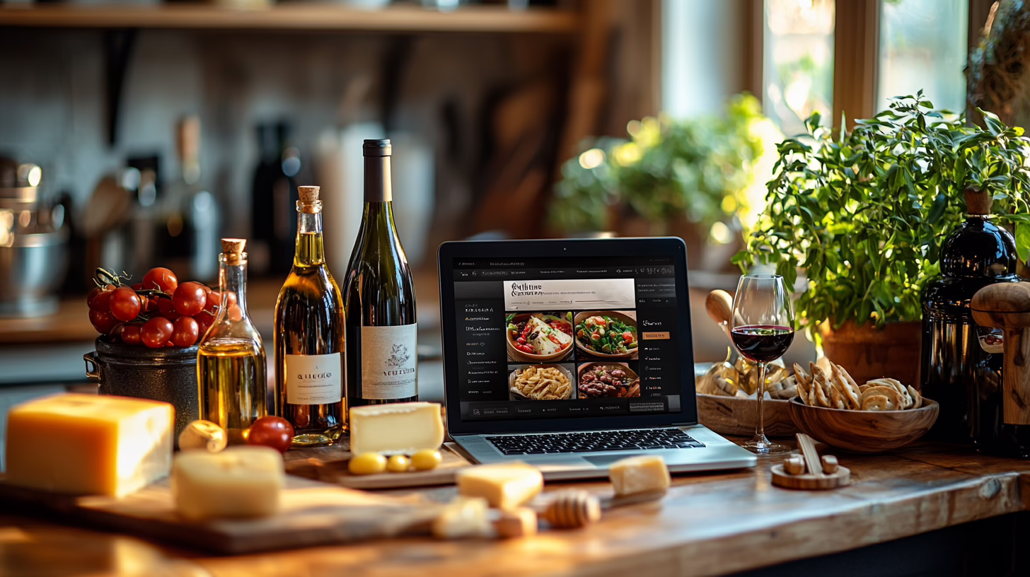 E-commerce alimentare: laptop con sito artigianale aperto circondato da prodotti italiani olio vino formaggi