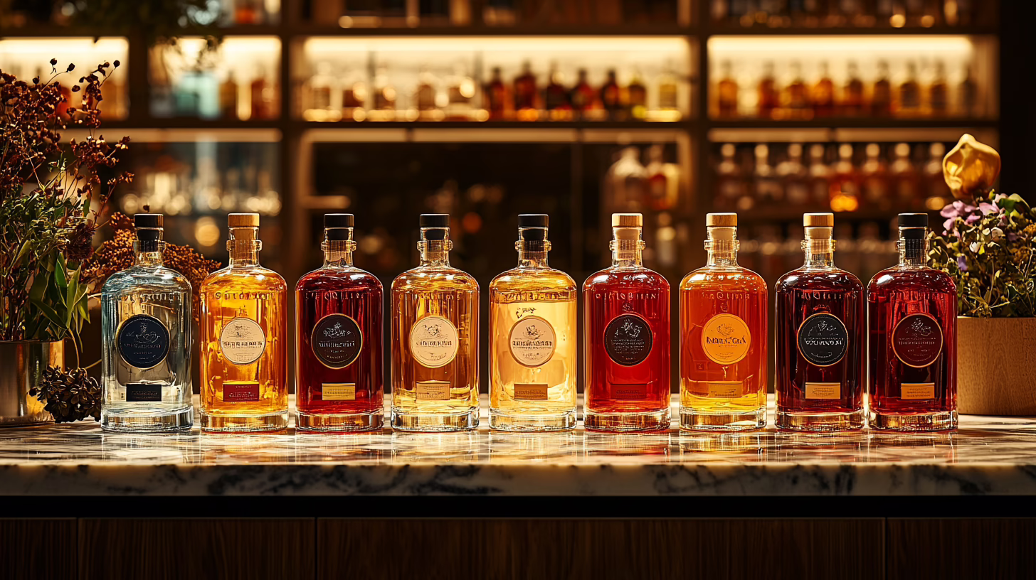 Liquori e distillati artigianali italiani in fila su bancone di marmo in bar elegante con fiori e bottiglie colorate