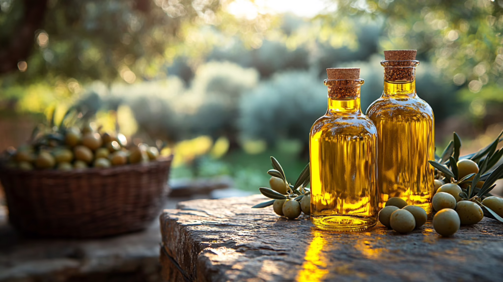 Vendere olio online: bottiglie di olio extravergine di oliva con cesto di olive verdi in un uliveto siciliano al tramonto