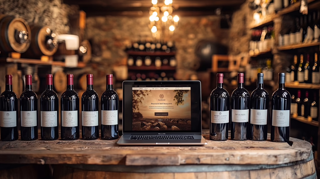 Vendere vino online: laptop con sito e-commerce aperto su bancone di cantina italiana circondato da bottiglie di vino rosso