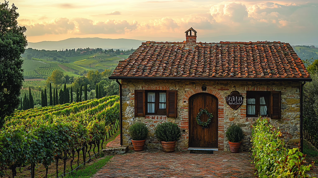 Agriturismo con cantina: casale in pietra con tetto in terracotta circondato da filari di vigne nelle colline toscane al tramonto