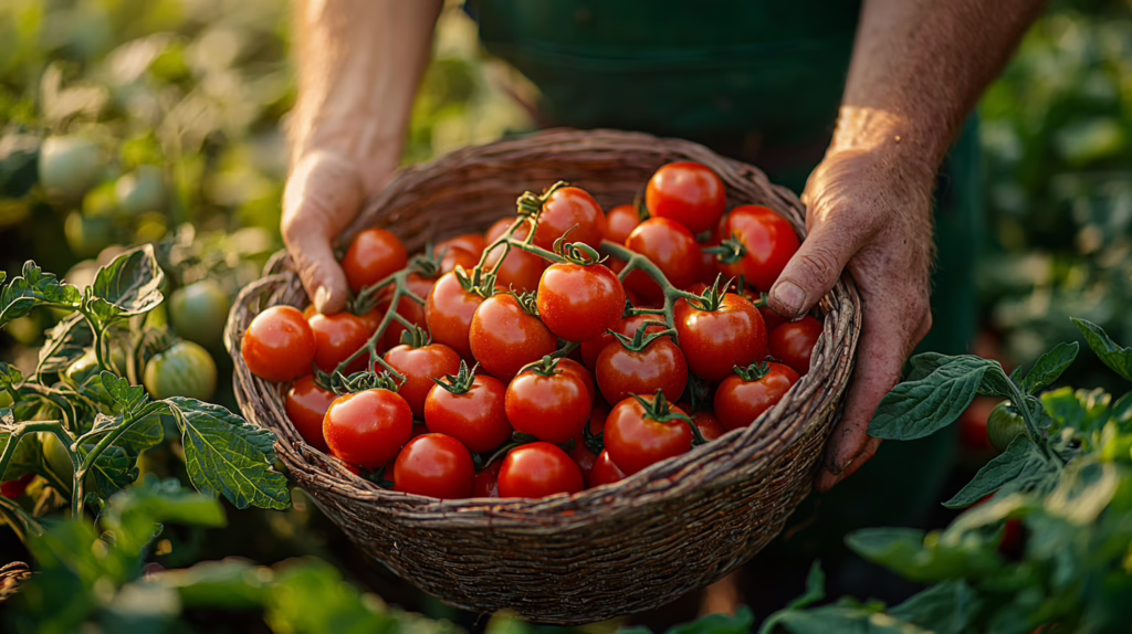 Agricoltore italiano con cesto di pomodori freschi appena raccolti nell orto
