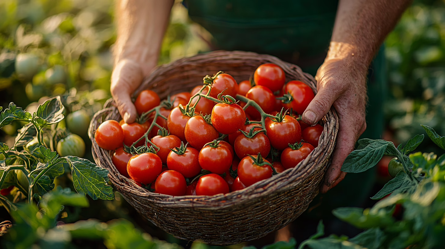 Agricoltore italiano con cesto di pomodori freschi appena raccolti nell orto