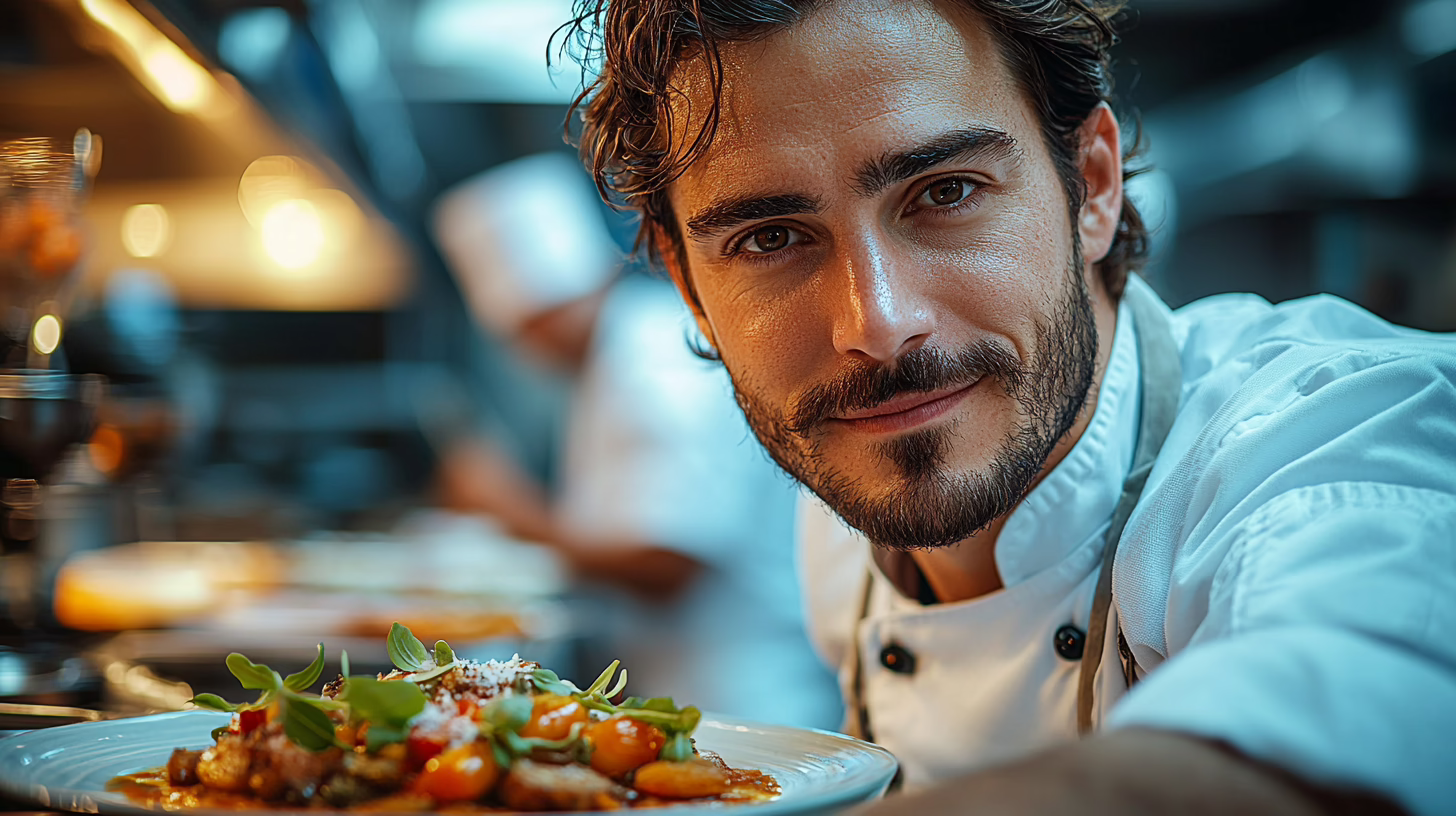 Chef e sommelier che impiattano in cucina aperta con abbinamento vino