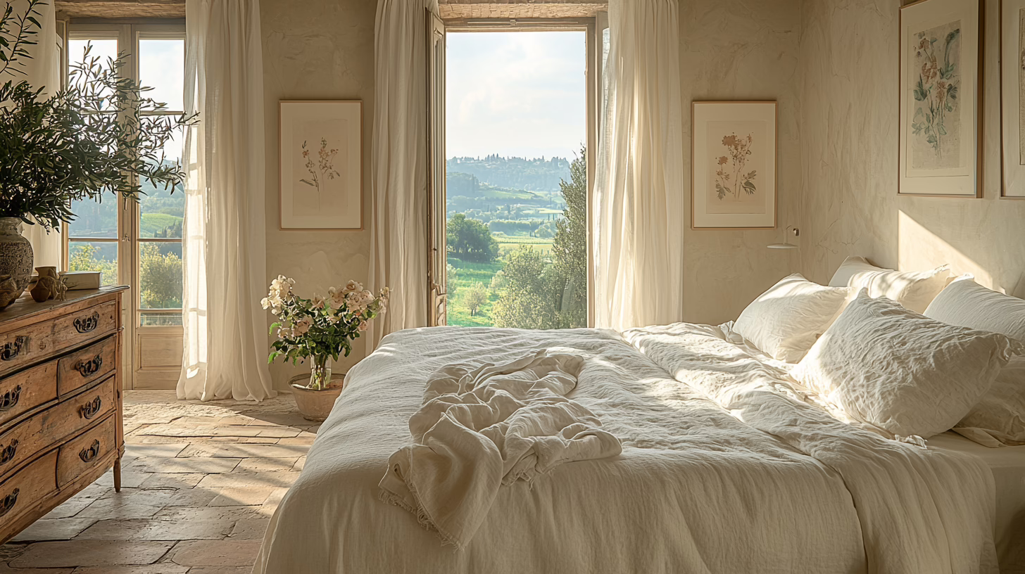 Camera hotel con vista su campagna italiana al mattino