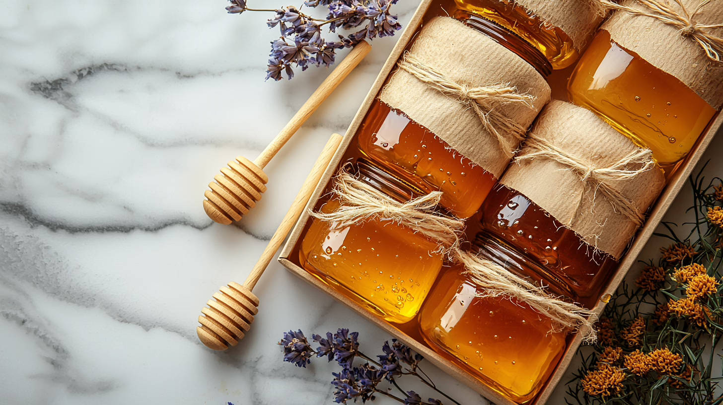 Gift box degustazione miele artigianale con barattolini e cucchiai di legno su marmo