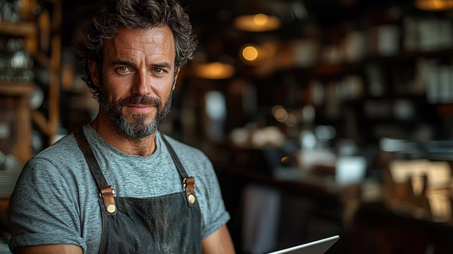 Ristoratore pensoso legge recensioni su smartphone