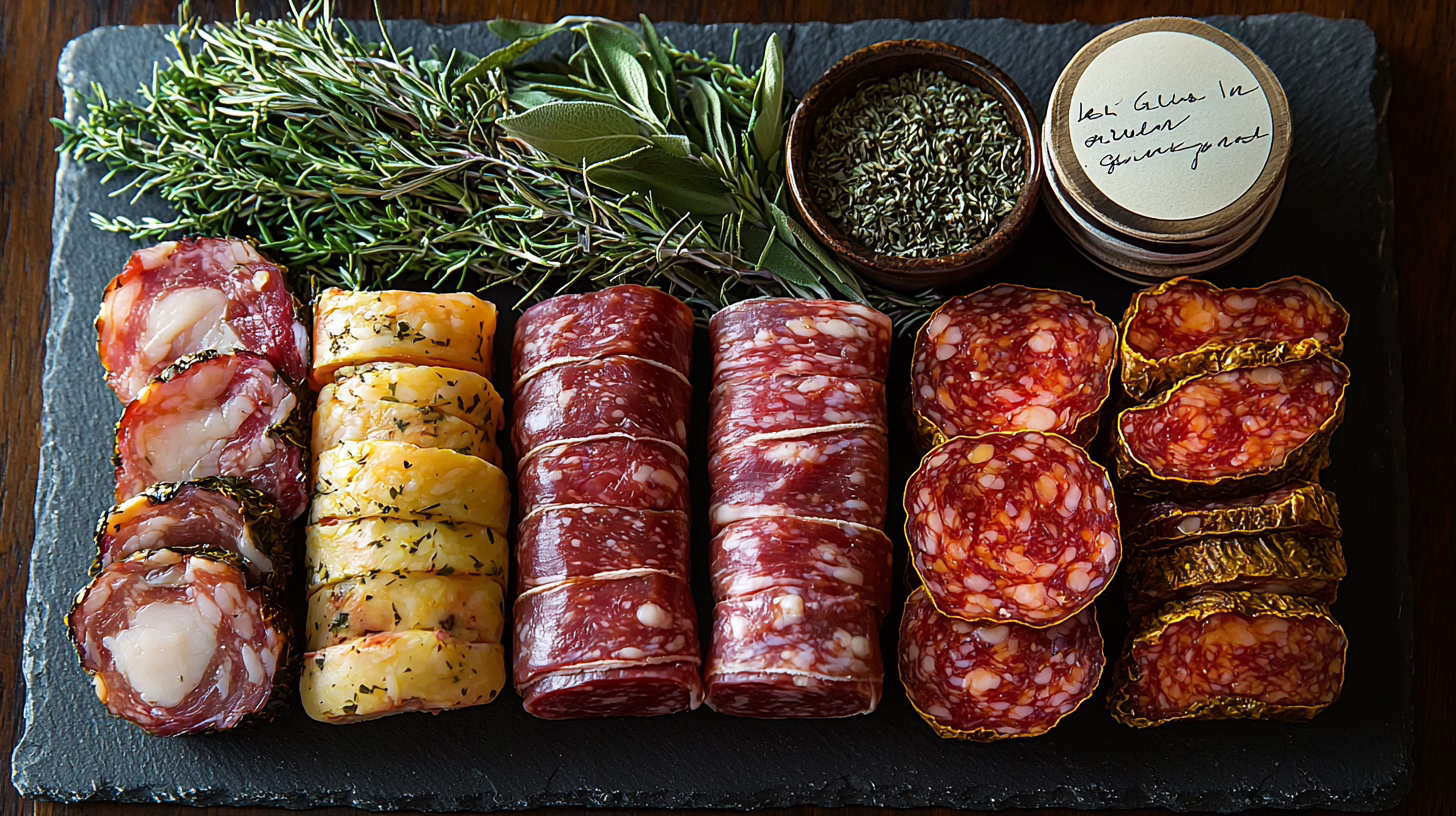 Gift box regalo di salumi artigianali italiani con rosmarino e spezie su ardesia vista dall alto