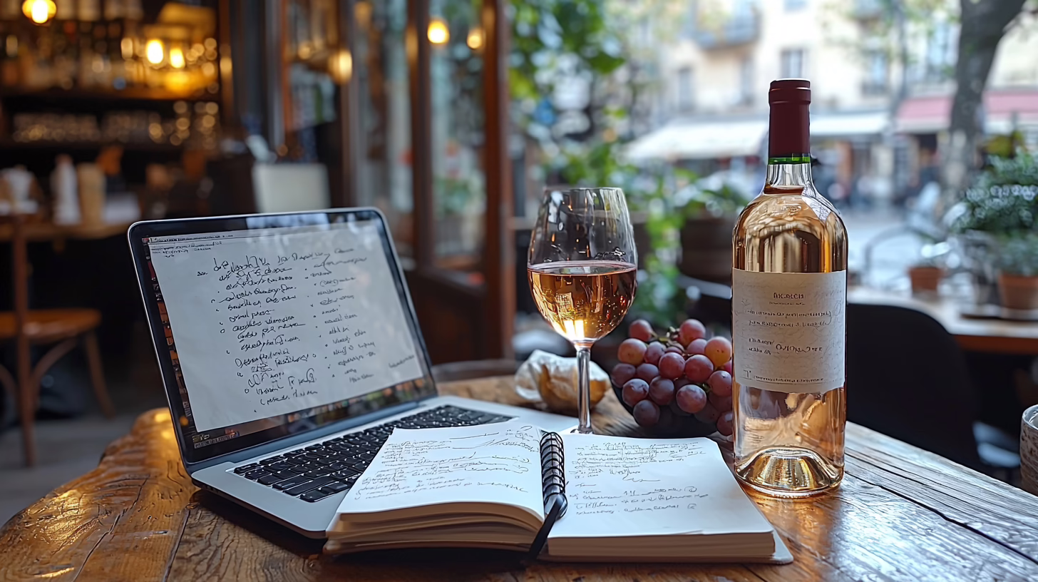 Content creation per cantina con quaderno laptop e calice di vino