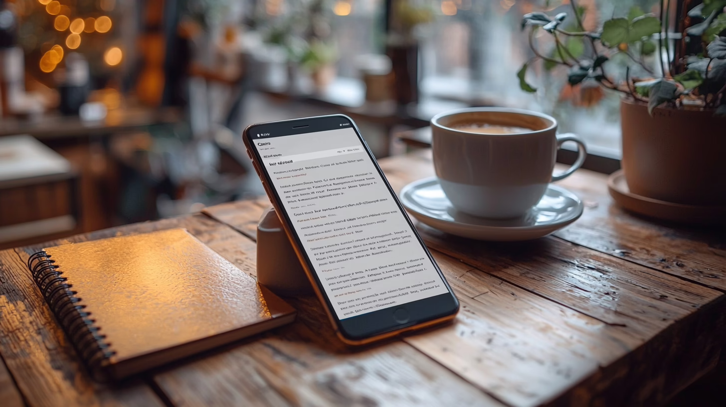 Email marketing newsletter cantina su smartphone con caffè mattutino