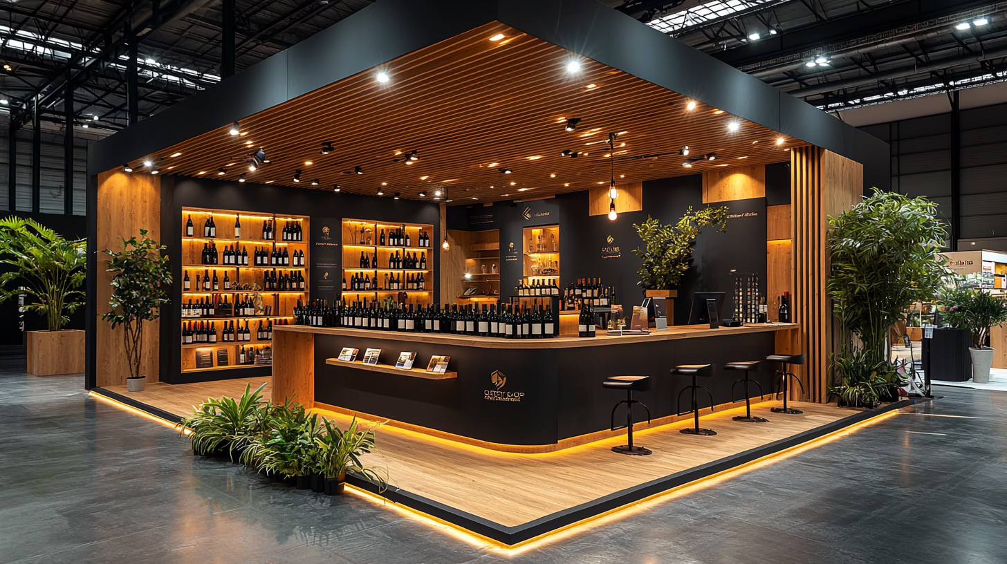 Stand espositivo fiera vino con bottiglie e illuminazione premium