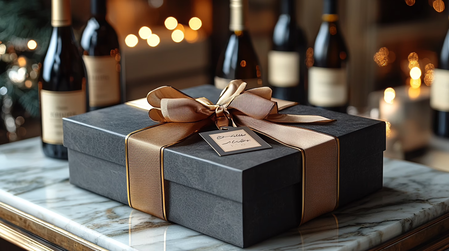 Gift box corporate vino artigianale con fiocco oro eleganza