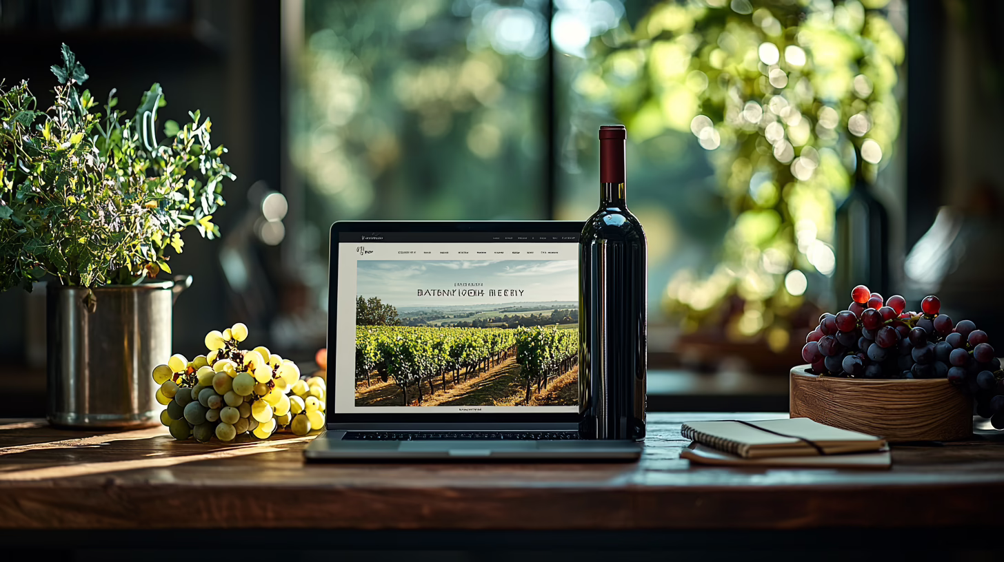 Sito web strategico cantina su laptop con bottiglia di vino e vigneto